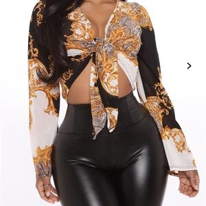 Fashion Nova Black and White Long Sleeve Crop Blouse